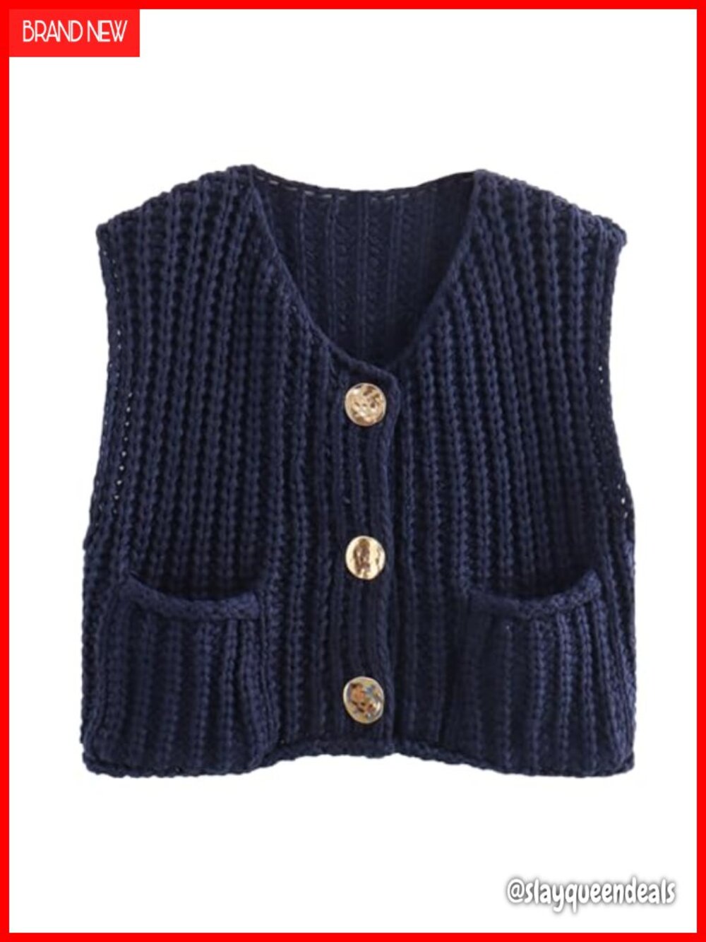 Sleeveless Cropped Knit Cardigan Button Down Crochet Sweater Vest with Pockets
